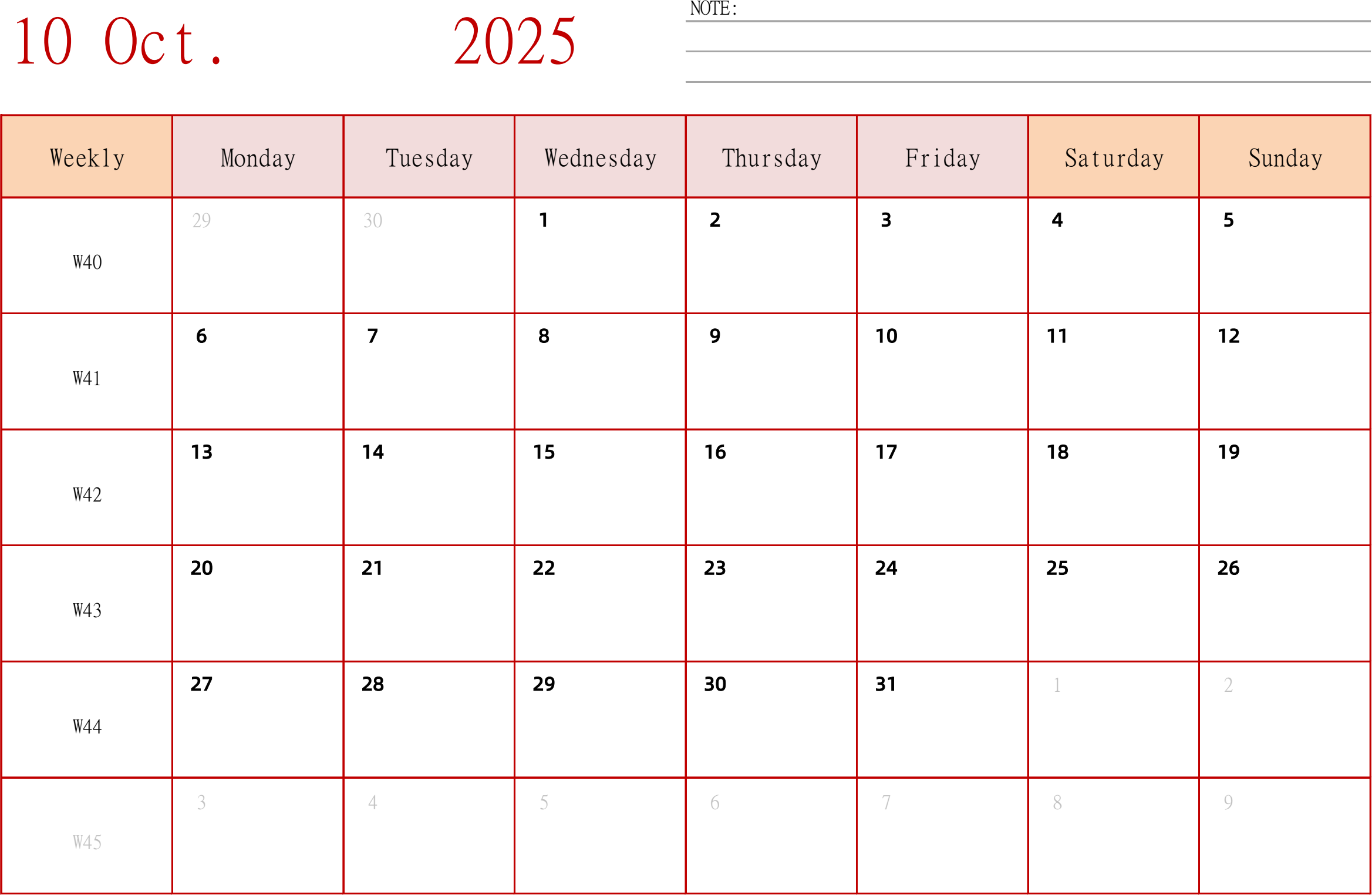 日历表2025年日历 英文版 横向排版 周一开始 带周数